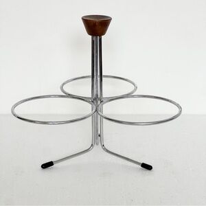 Vintage MCM 3 Cup Stainless Steel Condiment Server w/ Wood Handle Caddy Only